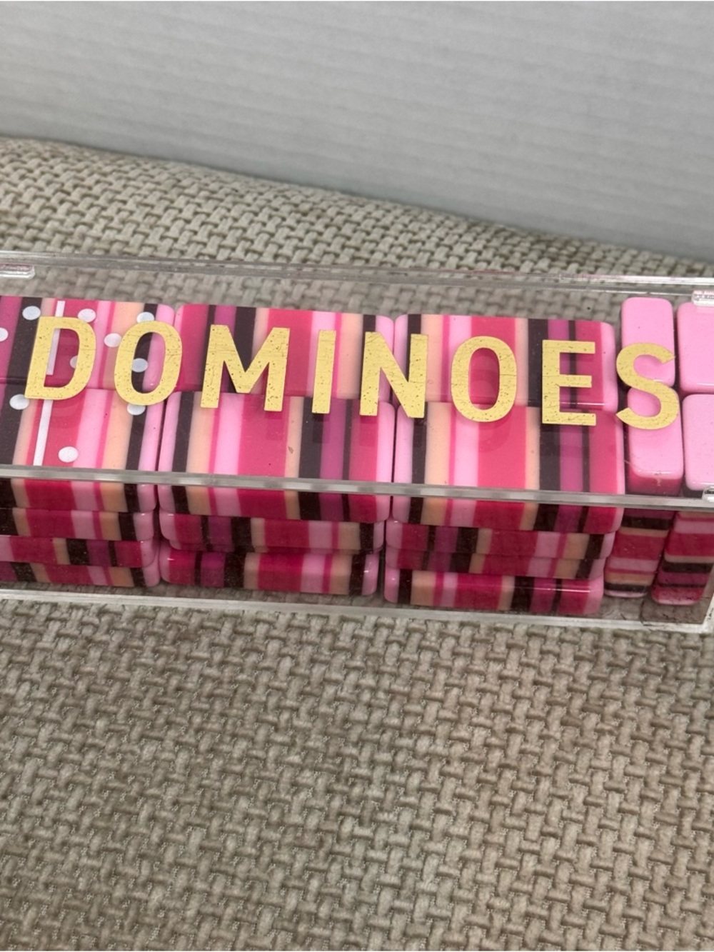 Anthropologie Domino Set Pink Striped Acrylic Dominoes Lucite Case